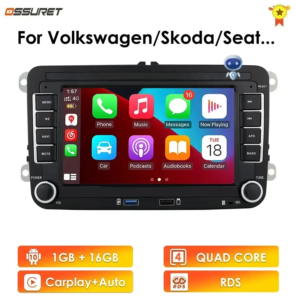 Autoradio Android pour VW Golf Polo 5 6 Plus Passat Jetta Tiguan Touran Sharan Caddy Scirocco avec Carplay sans fil, audio et GPS
