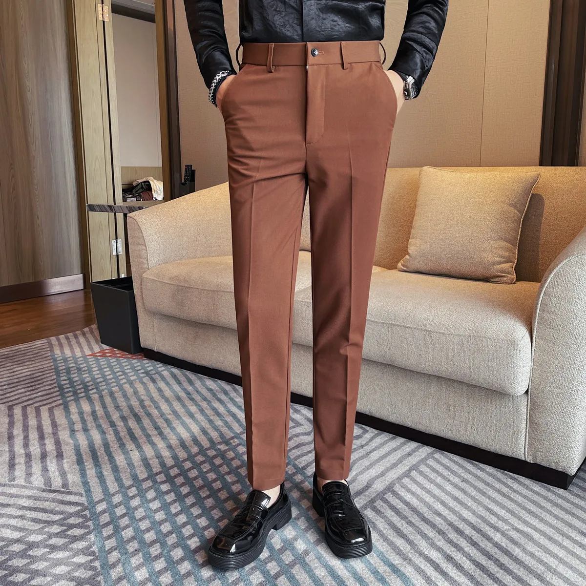 

Осень-зима, новые драпированные брюки, мужские модные облегающие мужские брюки с эластичной резинкой на талии, универсальные удобные деловые брюки, мужские 36