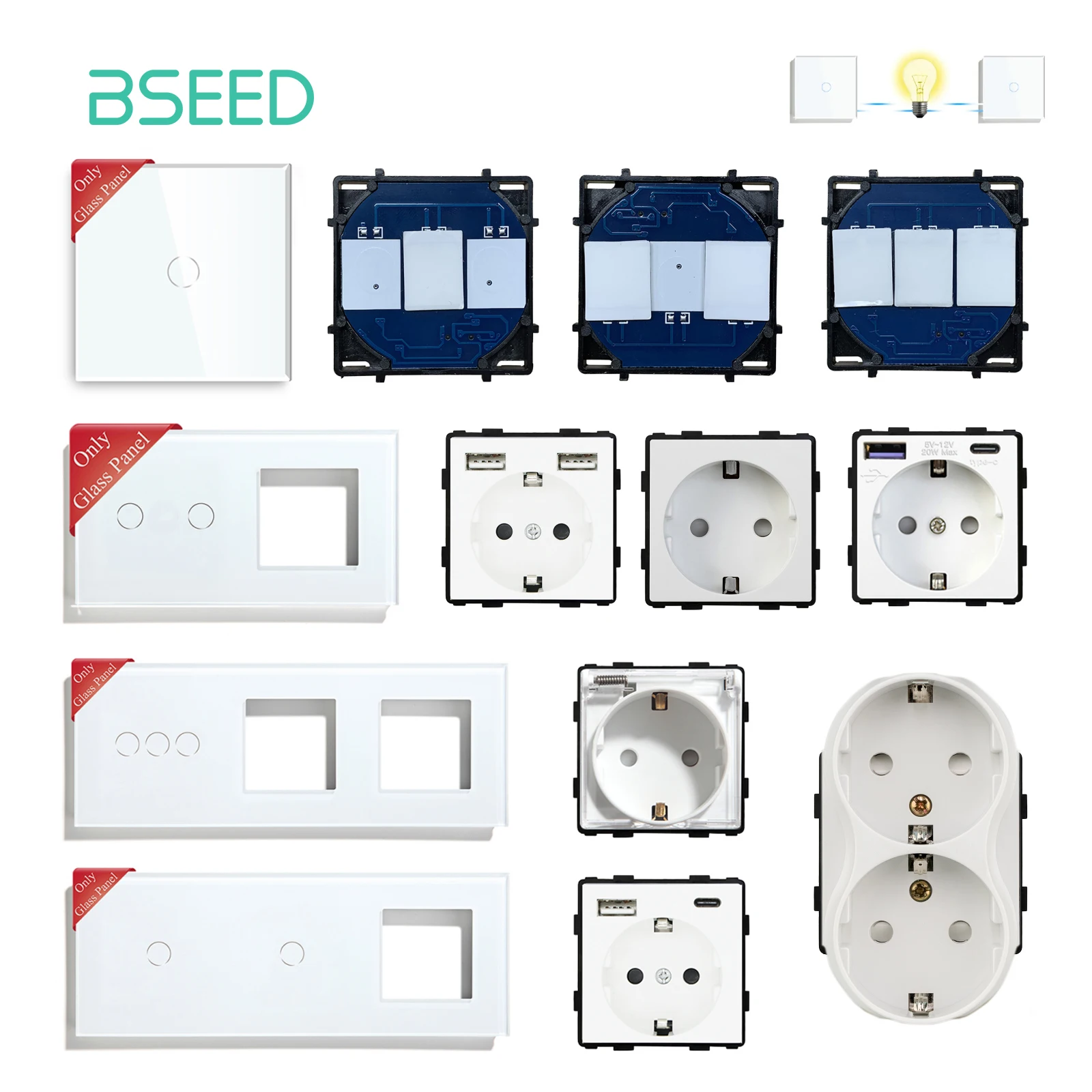 BSEED Base Of Wall Switches EU Standard Phone USB Sockets 1/2/3Gang 2way Module Light Switches White Glass Panel Stair Switches