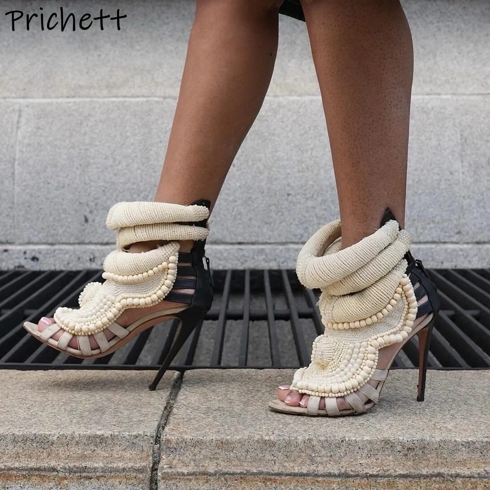 

Сандалии с жемчужным ремешком на щиколотке, с открытым носком, с узким ремешком на щиколотке, женская обувь на молнии сзади, летняя элегантная роскошная вечерняя пикантная обувь