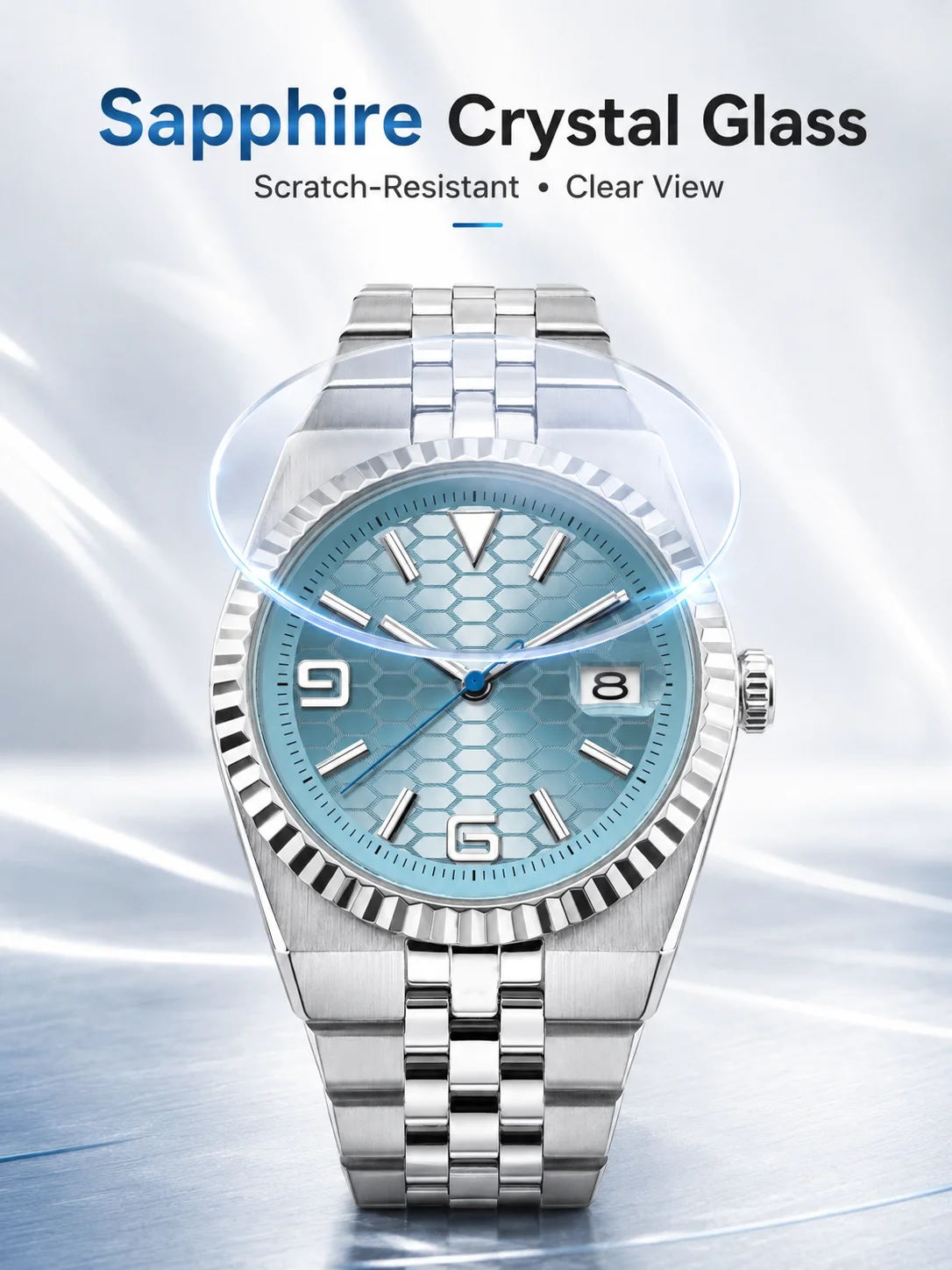 CORGEUT NH35A 8215 Automatikuhr für Herren Eisblaues Waben-Zifferblatt Saphirglas 100M Wasserdicht Leuchtend 316L Stahl Armbanduhr – Detail 4