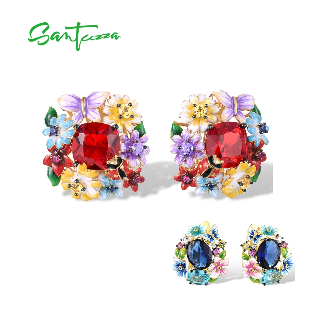 SANTUZZA Pure 925 Sterling Silver Earrings For Women Red Stone Colorful Flowers Butterfly Ladybug Fine Jewelry Handmade Enamel