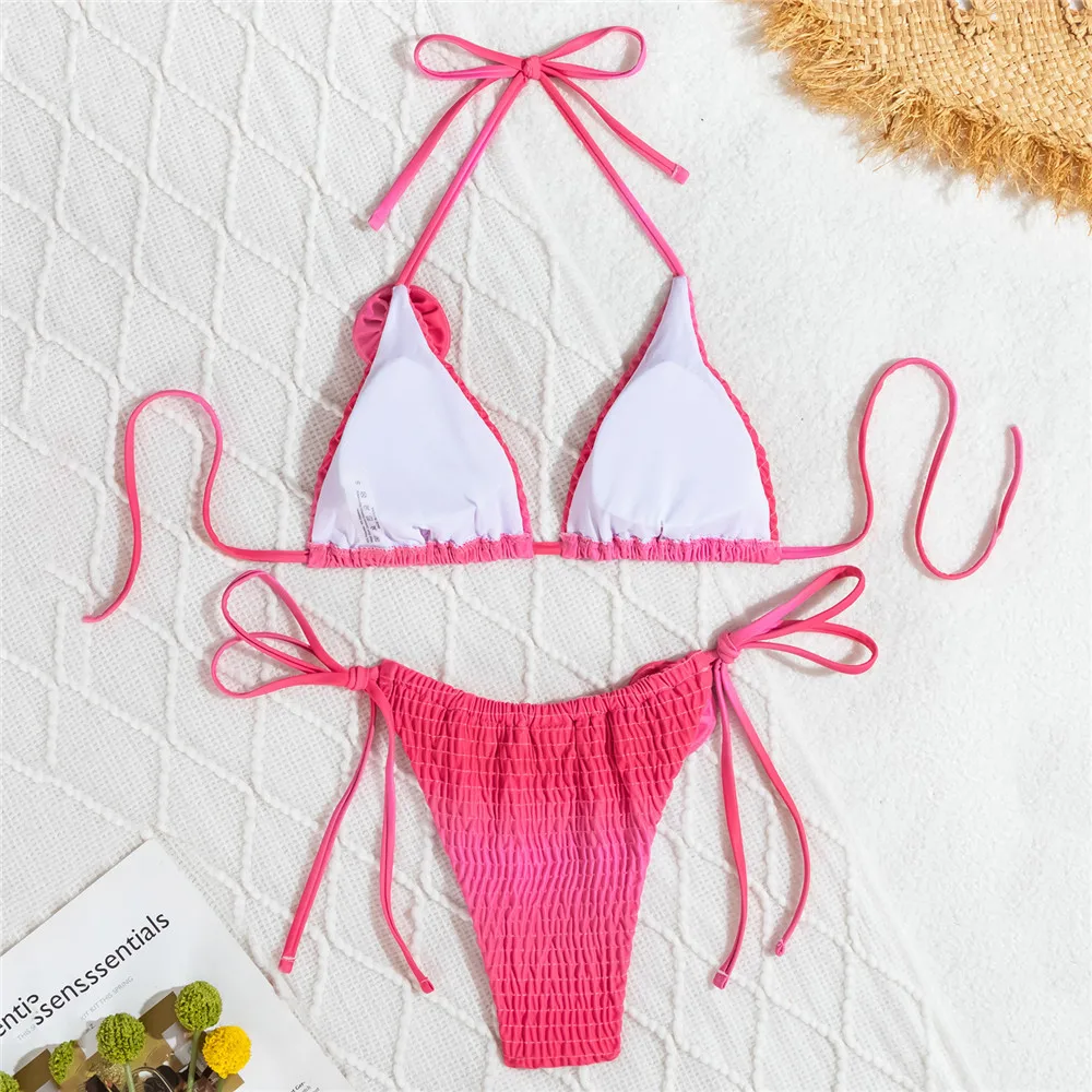 Pink 3D Flower String Thong Micro Bikini 2025 Women Halter Wrinkled Swimwear Sexy Swimsuit High Cut Bathing Suit Bikinis Sets