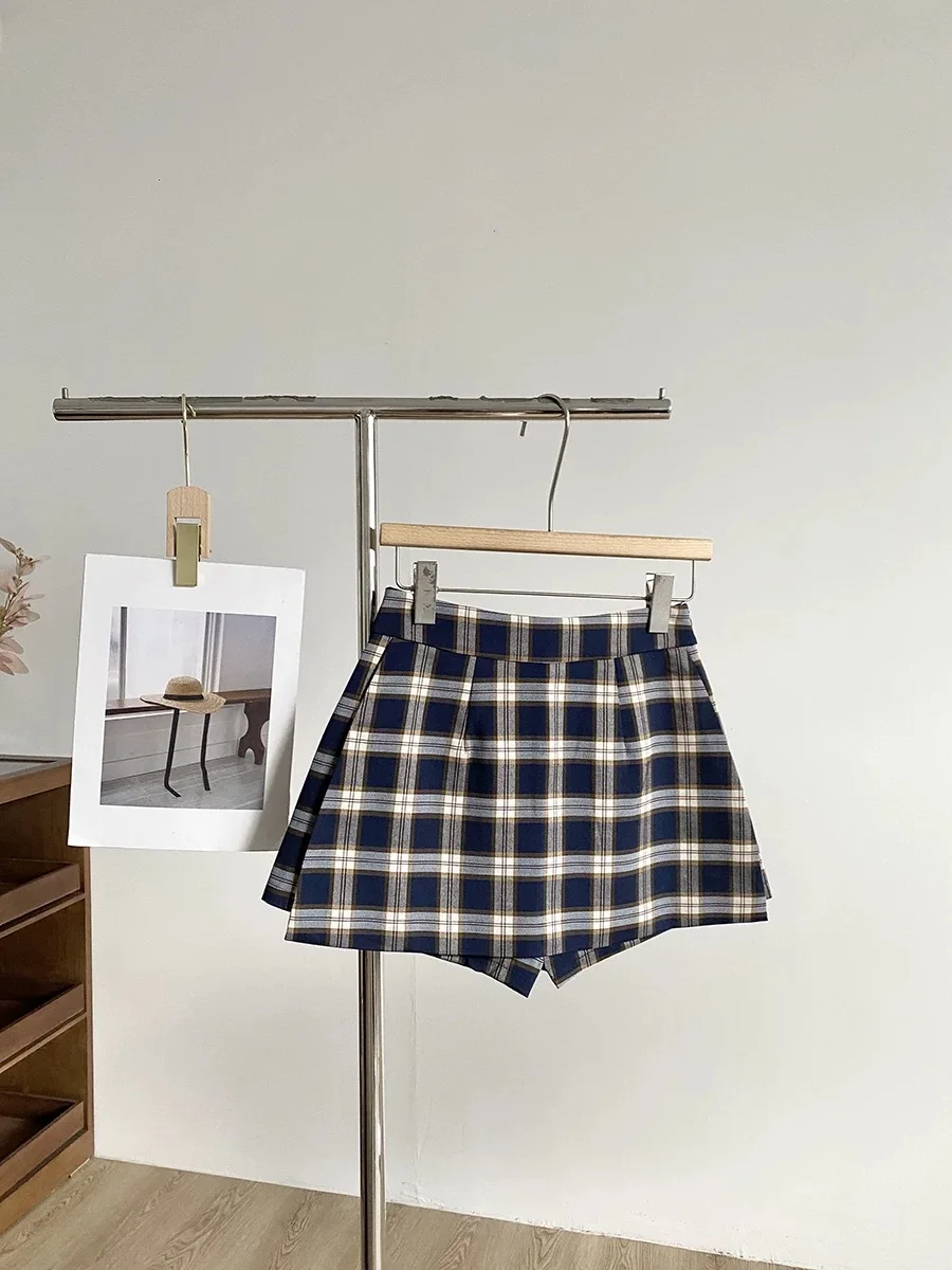 

Женская клетчатая юбка-кюлоты с разрезом по бокам, женская летняя уличная мини-юбка с высокой талией