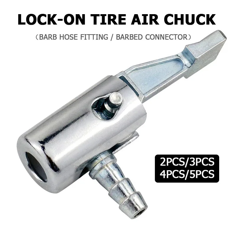 Lever Lock on Tire Air Chuck Self-Locking Inflation Nozzle Barbed Hose Connector Heavy Duty Chrome Plated Tire Inflator Chuck