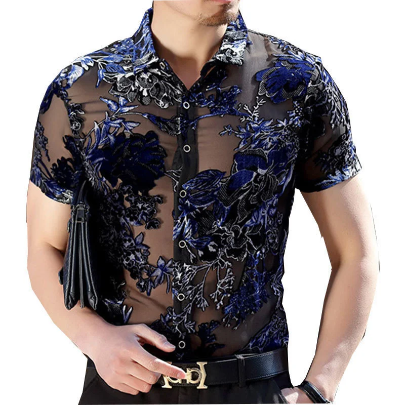 Luxury Silk Lelvet 2022 Brand New Floral Shirt Short Sleeve See Through Shirt Camisa Masculina Sexy Lace Shirt Chemise Homme 4xl