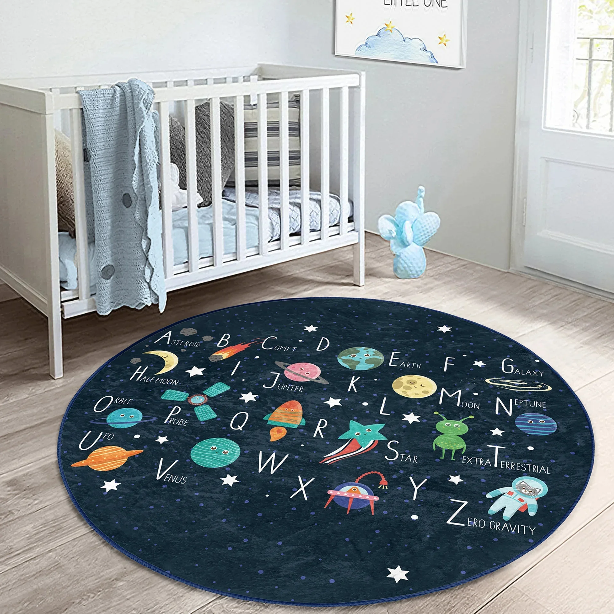 Space-Themed Round Rug – Planets, Rocket, Alphabet & Math Design, Non-Slip Black Play Mat for Kids’ Room