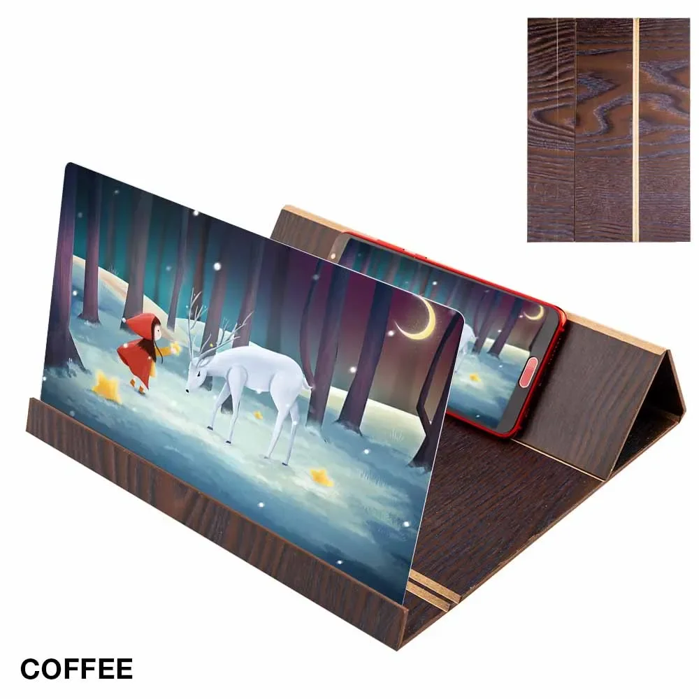 Lupa de pantalla de teléfono móvil 3D de 12 pulgadas, amplificador estereoscópico de pantalla plegable HD 3X, lupa con soporte de madera para teléfono inteligente