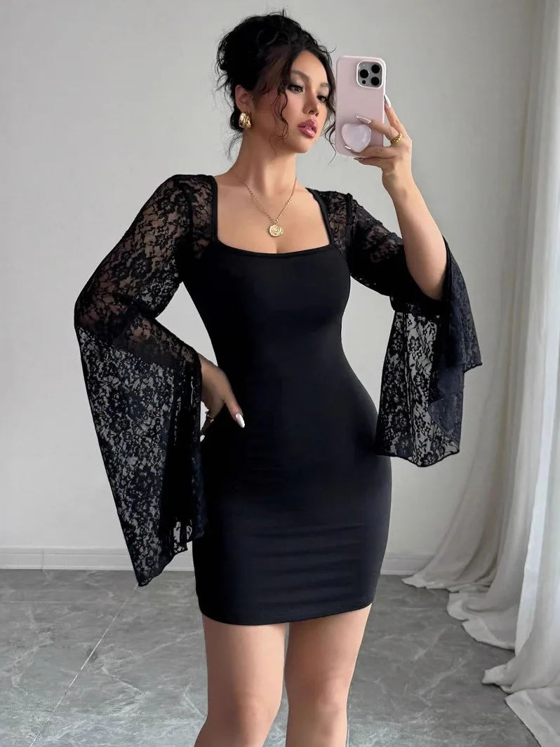 

Новинка Весна: Элегантное облегающее платье с кружевными вставками, квадратным вырезом и рукавами-колокол для женщин