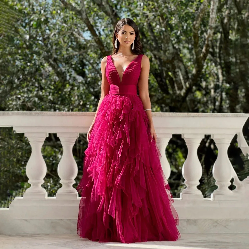 

vestidos de festa V-neck Spaghetti Straps Tiered Tulle A-line Prom Party Dress Backless Long Prom Holiday Gown for Women