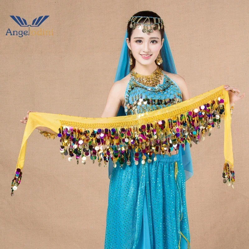 Belly Dance Clothes Indian Oriental Dance Belt Waist Chain Hip Scarf Women Sexy Dance Colorful Sequin Chiffon Skirt Gold Coins