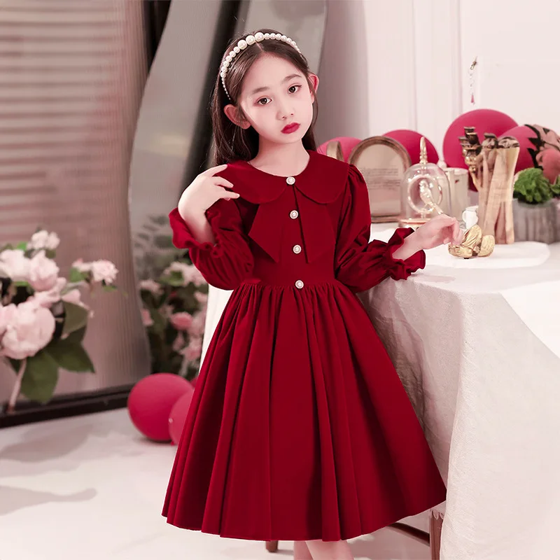 Christmas Wine Red Velvet Dresses for Little Girls Luxury Evening Pageant Short Gown Kids Birthday Party Princess Dress Children