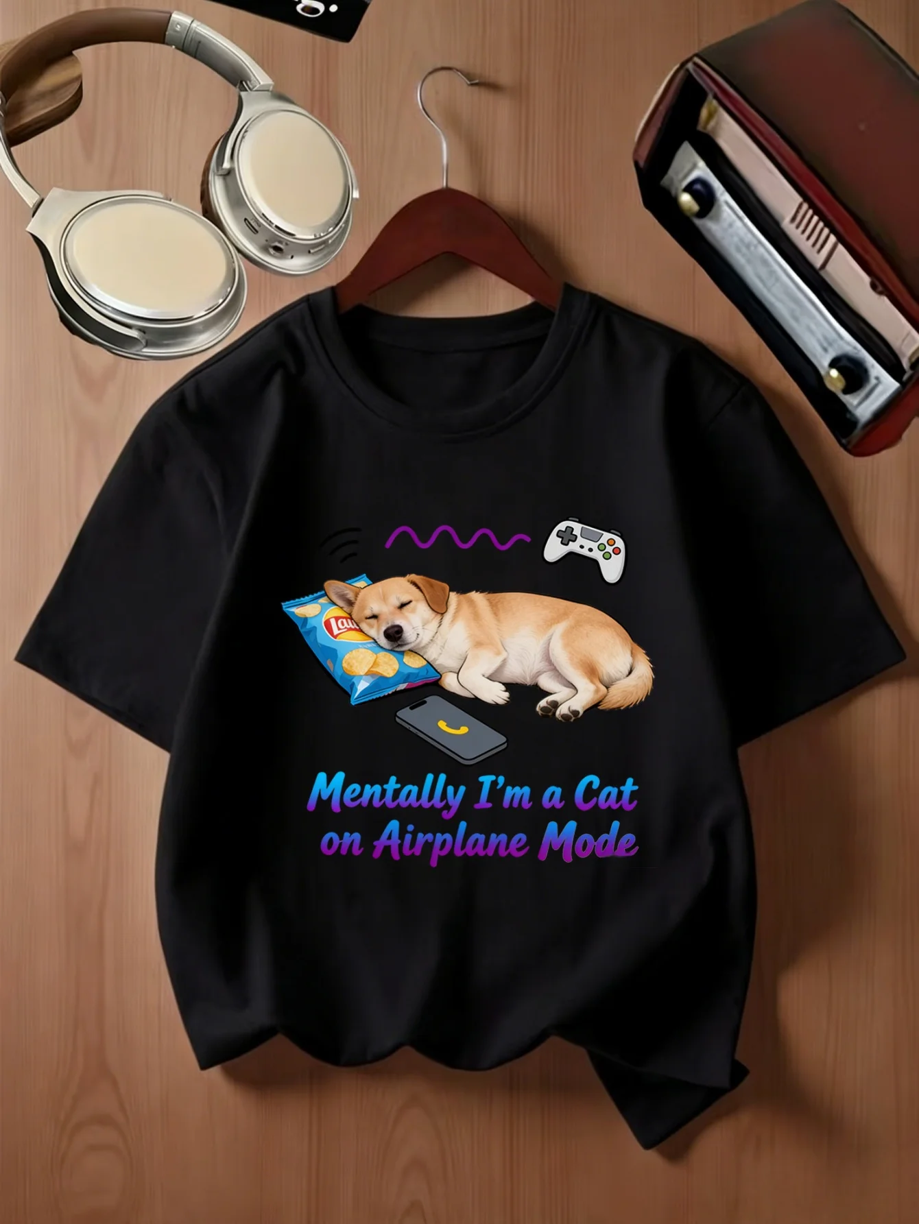 Mentally I Am A Dog On Airplane Mode Cute Cartoon Print Kids T Shirt Boys Girls Family Matching Summer Crew Neck Casual Tee