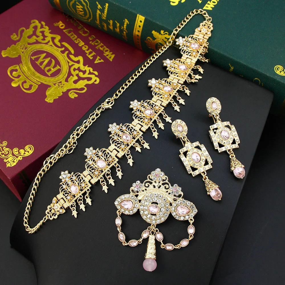Sunspicems Gold Color Algeria Women Hair Chain Set Crown Crystal Bride Wedding Jewelry Tiaras Elegent Morocco Hair Accessories