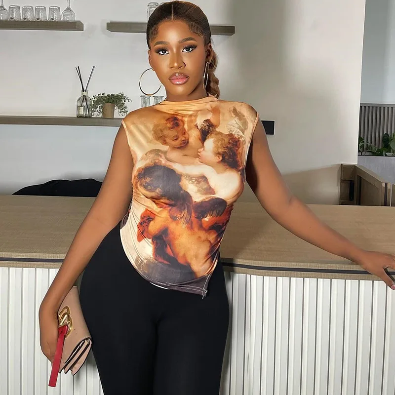 INS Women's Fashion Angel Print T-Shirt Pullover Sleeveless Irregular Top Trendy Women