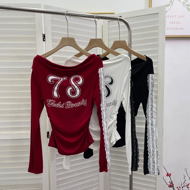 المرأة عارضة الساخن فتاة الرياضة نمط إلكتروني طباعة خياطة الدانتيل بأكمام طويلة أعلى سليم صالح واحد الكتف تي شيرت Streetwear1291