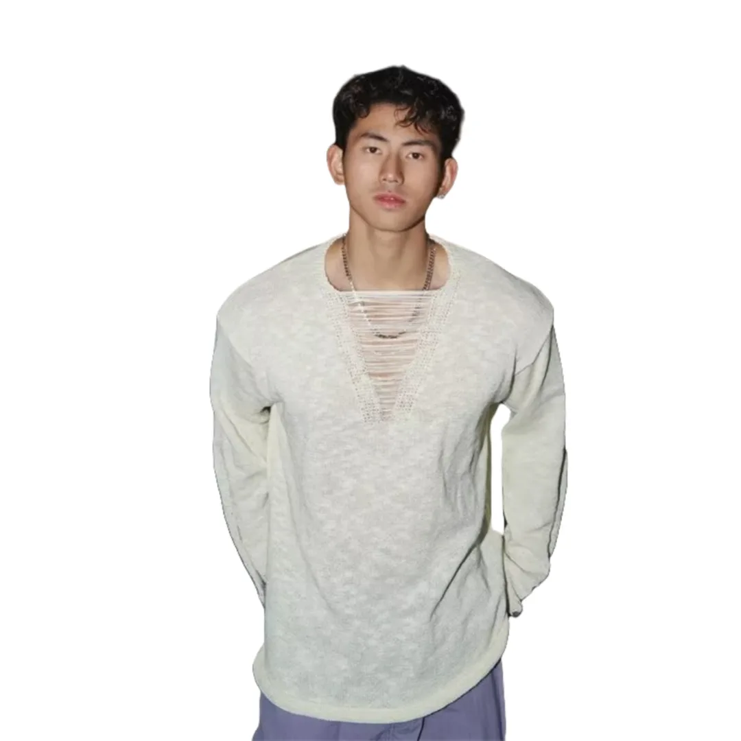 

Autumn Men's Knitting Sweater Thin Hollow Out Knit Sweater Deep V Neck Lazy Pullover Alluring Destructive Design Upper Garment