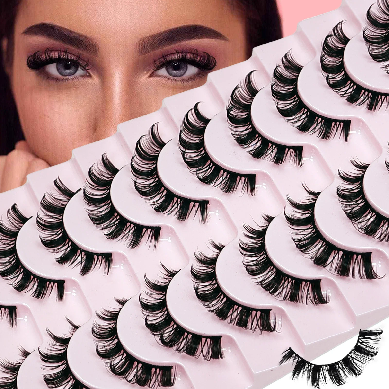 10Pairs Lashes D Curl 10-16mm Russian Lashes 3D Fake Eyelashes Reusable Fluffy Russian Strip Lashes