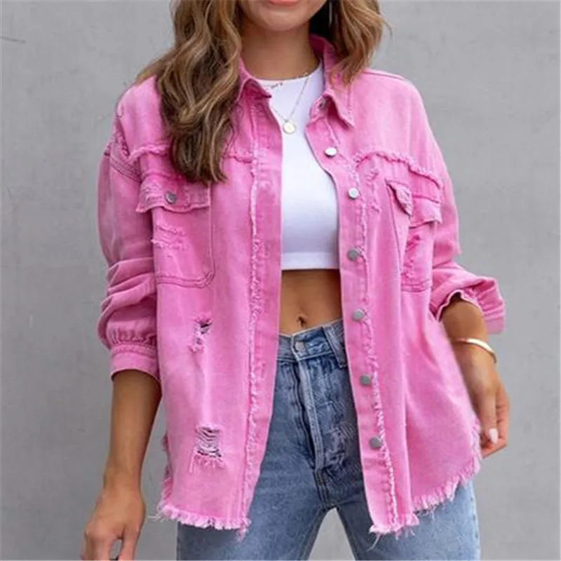 2023 New Women Denim Jacket with Rough Edges Hole for Women Spring Autumn Loose Top Temperament Casual Lapel Jacket Denim Jacket