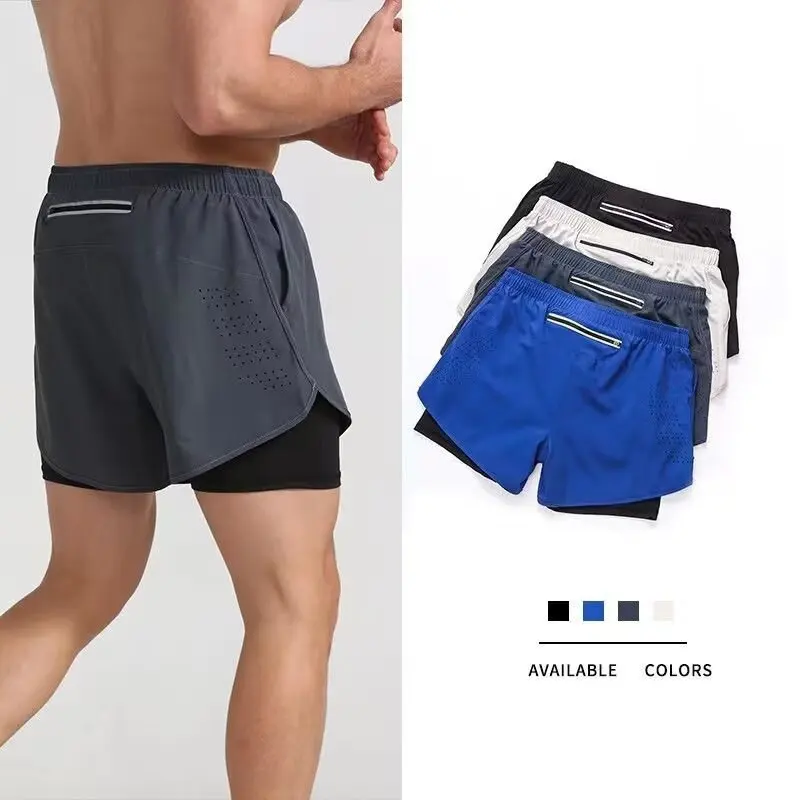 Men's 2 in 1 Running Shorts Lightweight Quick Dry Breathable Reflective Fitness Shorts For Marathon Track Training