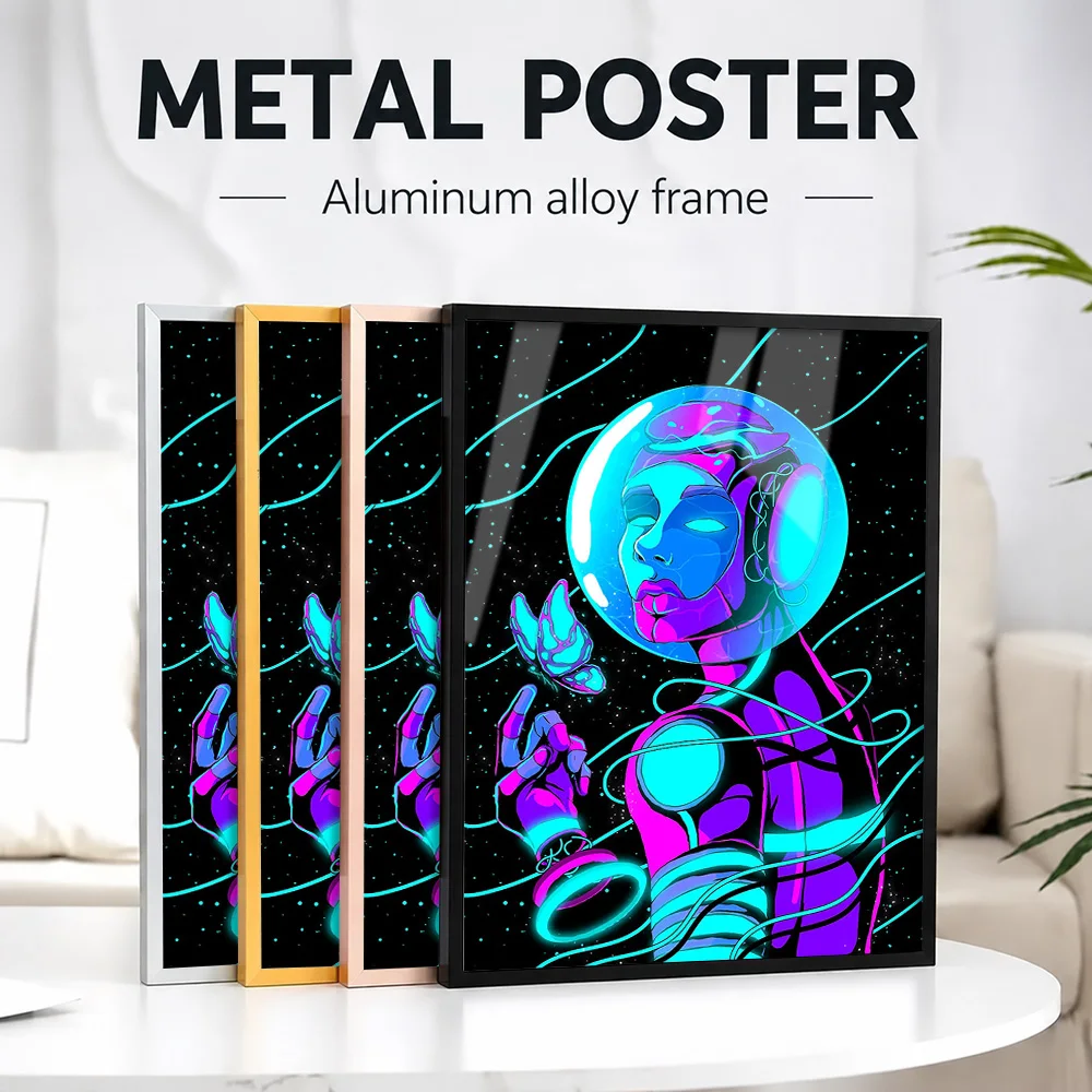 Neon Space Astronaut Android Framed Metal Poster Personalized Photo Vibrant Nebula Style Wall Art For Game Room Stargazer Gift