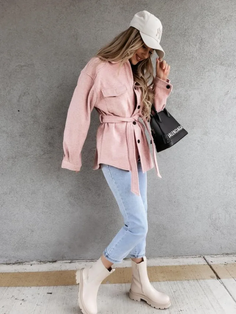 

Женская одежда, европейская и американская новая модная однотонная шерстяная куртка с воротником-поло и поясом