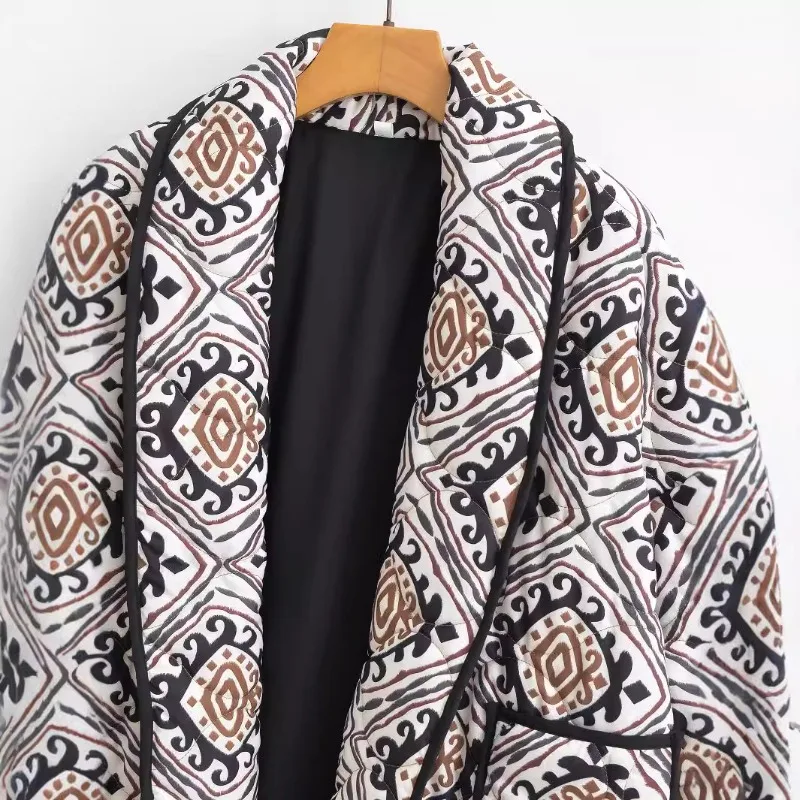 Women's Autumn Winter Jacket Tops Cotton Clothing Thickened Warm Printed Fake Two Pieces Standing Collar Color Crash Outfit New