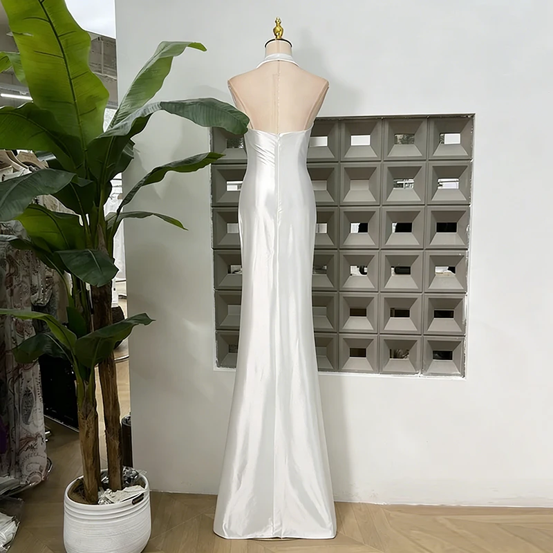 ชุดเดรสยาวผ้าซาตินทรงเข้ารูป ดีไซน์ผูกโบว์ด้านหลัง โชว์หลัง เซ็กซี่ คอวี แขนกุด หรูหรา สำหรับผู้หญิง แฟชั่นใหม่