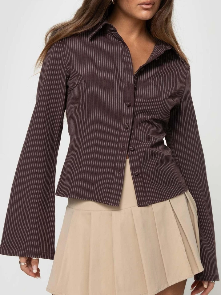 Cárdigan con botones y cuello elegante para mujer, camisa de manga larga ajustada, Top a rayas versátil, informal, moda de otoño e invierno, 2025