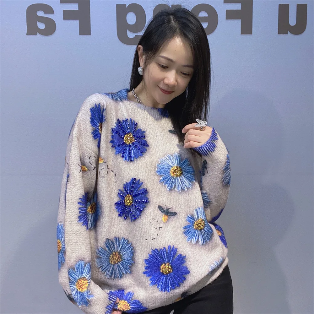 

Casual Oversized Sweater Women Clothing Florals Printed Beading Knitwear O Neck Long Sleeve Pullovers Female Loose Sweatshirt