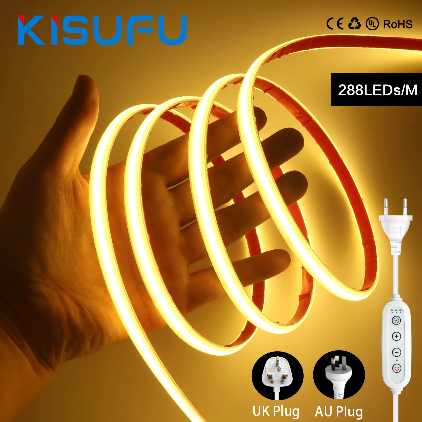 

220V 230V COB LED Neon Strip Light 4Key Dimmer EU/AU/UK Plug Kit Super Bright 288LED/M White Natural Warm Flexible Adhesive Tape