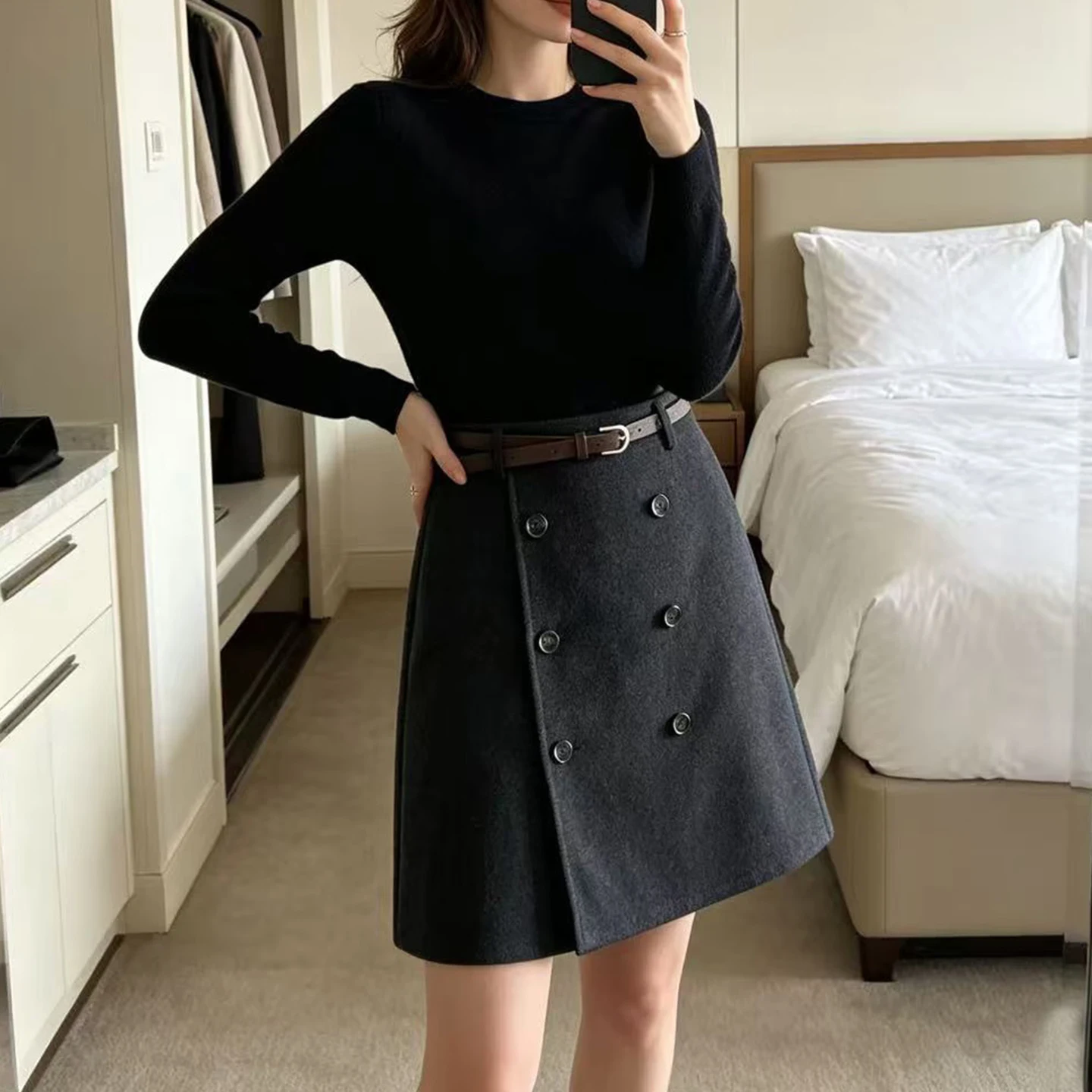 Fashionable Retro Double-Breasted Half Skirt with Belt Women's Clothing Autumn 2026 New Style Standard Edition Other Materials