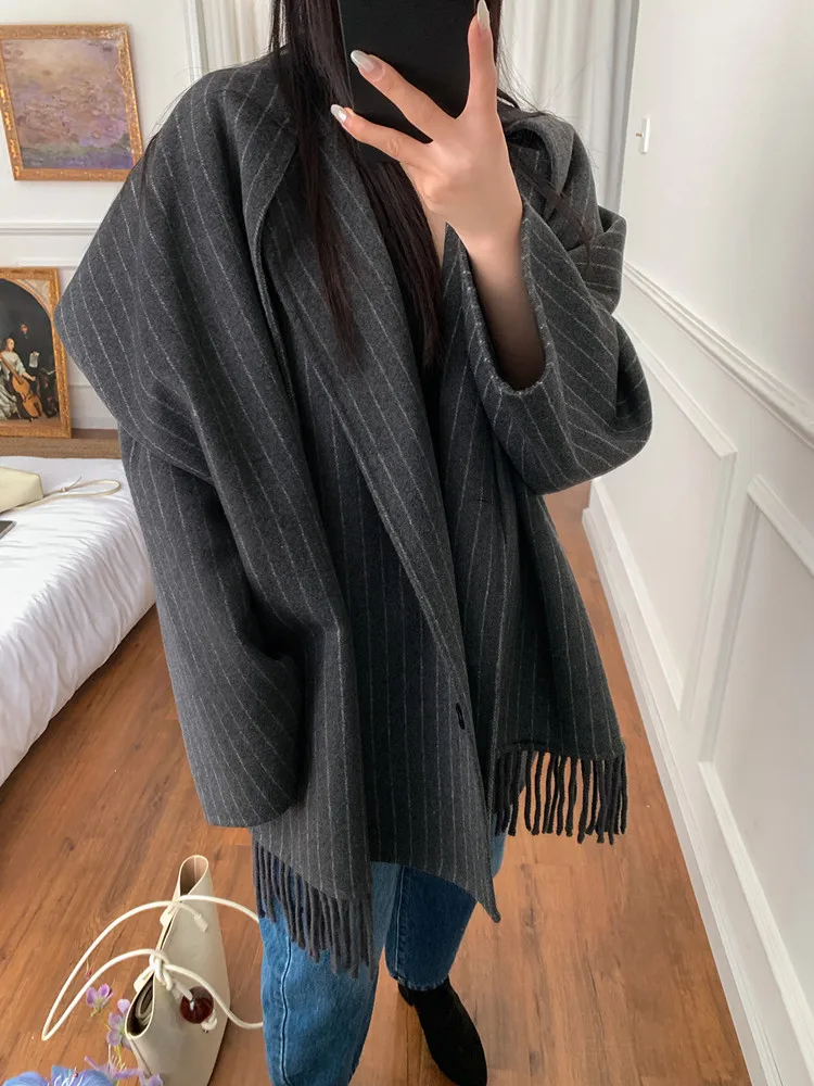 Scarf Collar Tassels Women Stripes or Black Coat Woolen Casual Single Breasted Long Sleeve Lady Jacket with Pockets Fall Winter