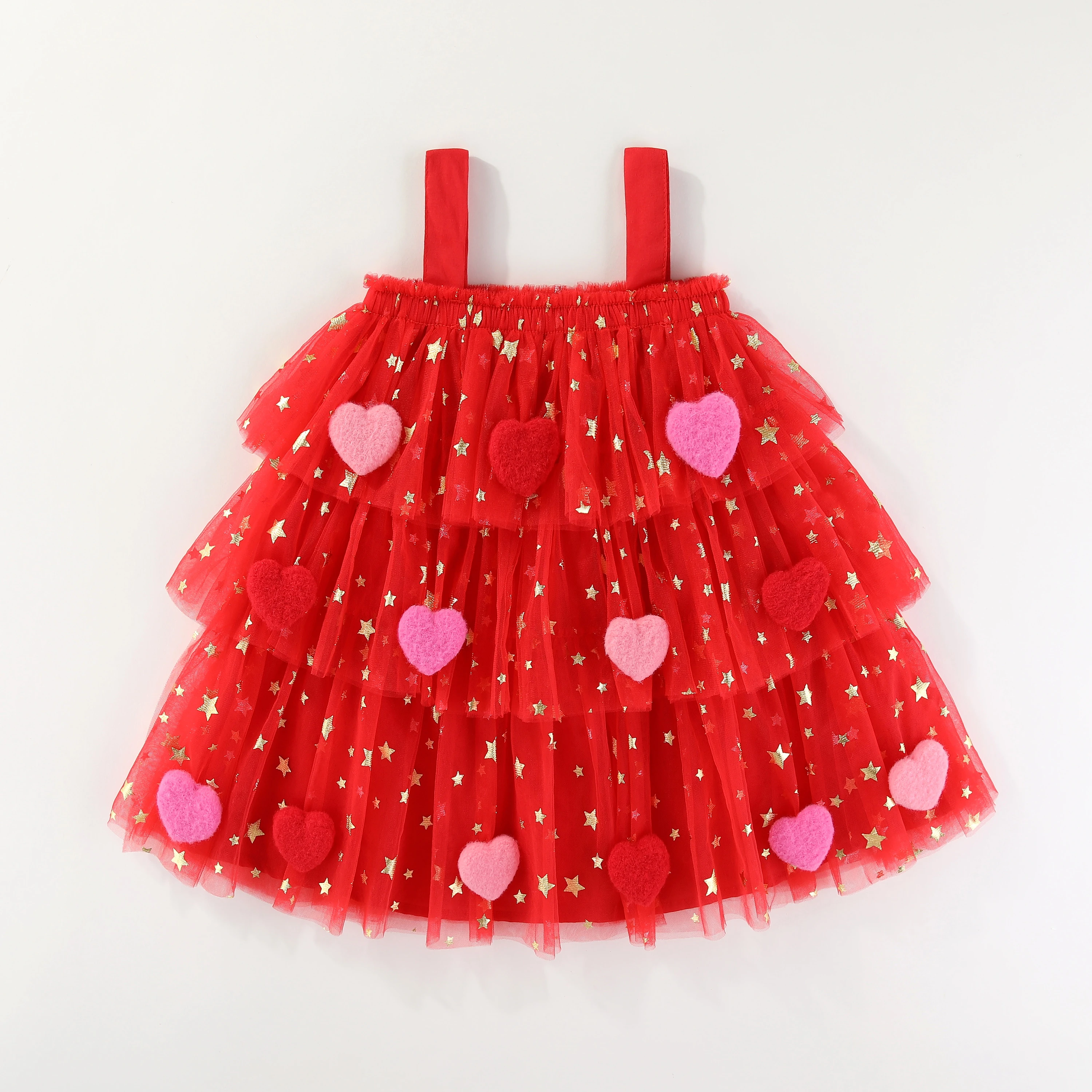 1-9Year Kid Girls New Year Greeting Love Dress Sling Star Printed Mesh Vestidos Layered Tulle Cake Dress with Plush Ball