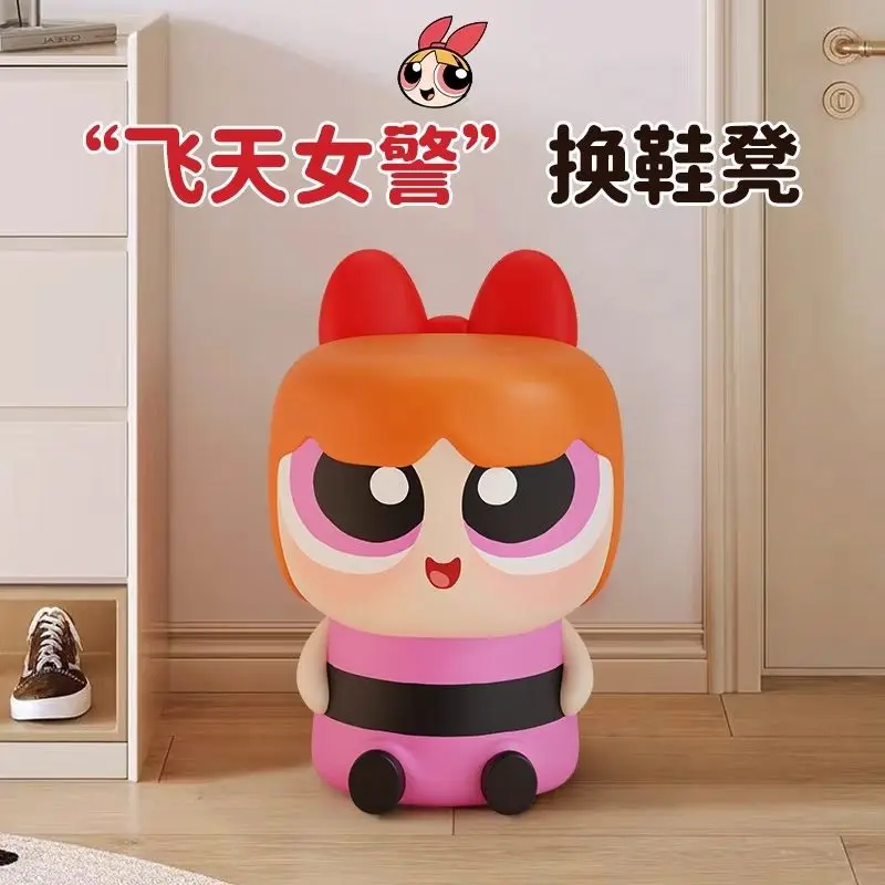 The Powerpuff Girls Cartoon Kawaii Shoe Changing Stool Home Creative Cute Small Stool for the Living Room High-Looking Bench