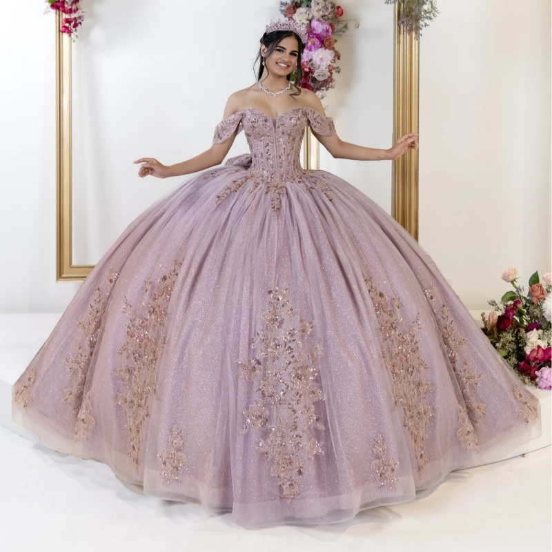 

Lilac Shiny Quinceanera Dresses Off The Shoulder Sequin Applique Lace Beading Crystal Bow Tull Party Birthday Sweet 16 Dress