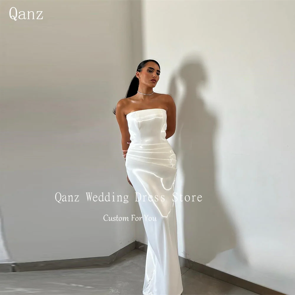

Qanz Elegant Glitter Satin Weddings Dresses Strapless Mermaid Backless Pleat Vestido De Novia Civil Robe De Mariée Customized
