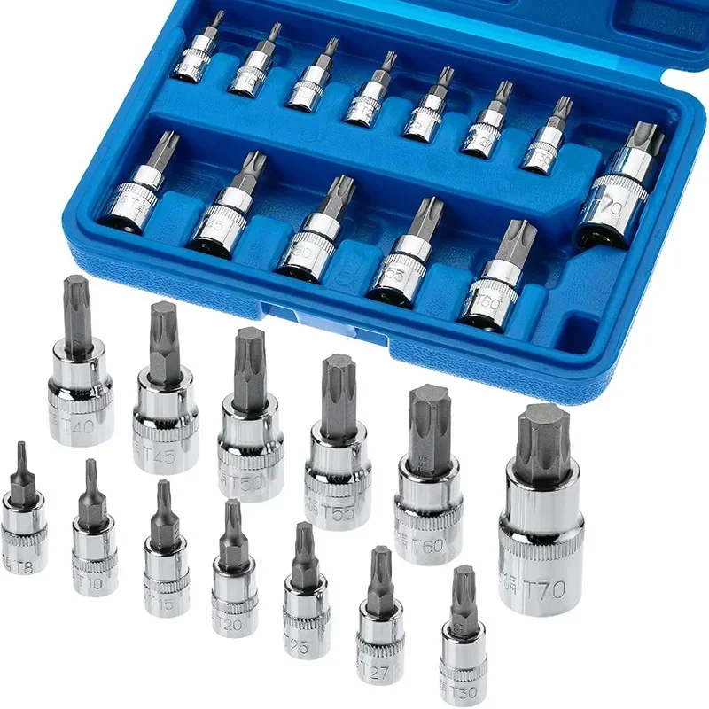 

13PCS Torx Star Bit Socket Set Chrome Vanadium Steel Socket S2 Steel Forged Bits for Torque 1/2" 1/4" 3/8" Drive Tools Kit