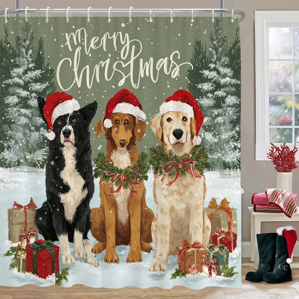 

Christmas Shower Curtain, Bathroom Curtain, Cat and dog Christmas Shower Curtain, home decoration Christmas Curtain with Hooks