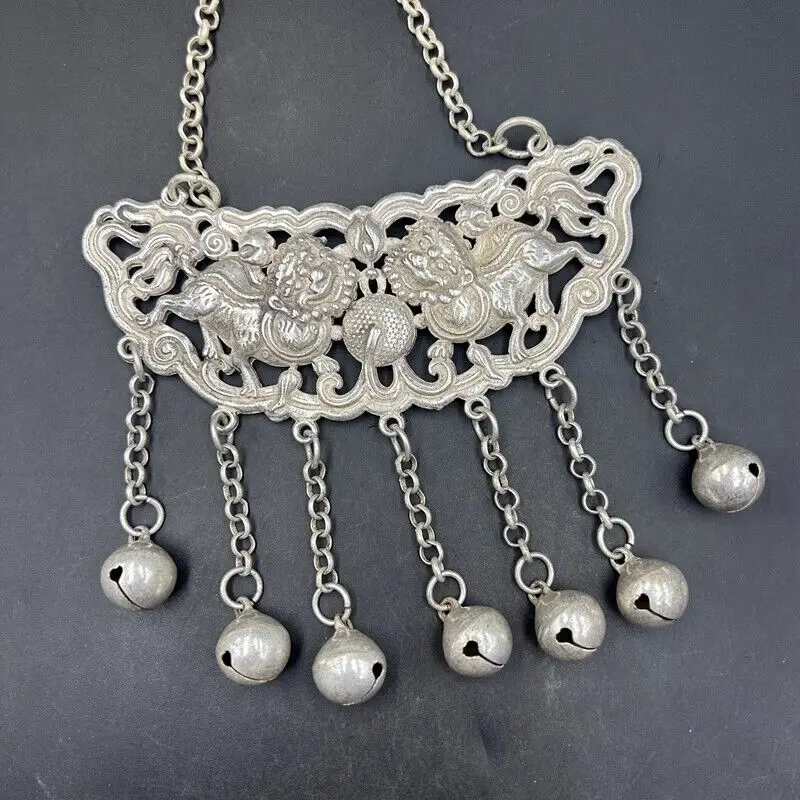 Antique Chinese Handmade Miao Silver Necklace Chain Pendant Handicraft