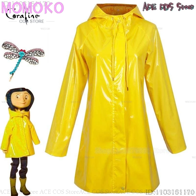 Horror Movies Coraline Cosplay The Key Props Costume Wig Yellow Coat Secret Door Button Glasses Halloween Scary Roleplay