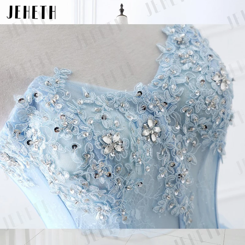 JEHETH Light Blue Long Evening Dress for Women A-Line Tulle vestidos de noche mujer 2023 Lace Appliques Beads Sequins Party Gown