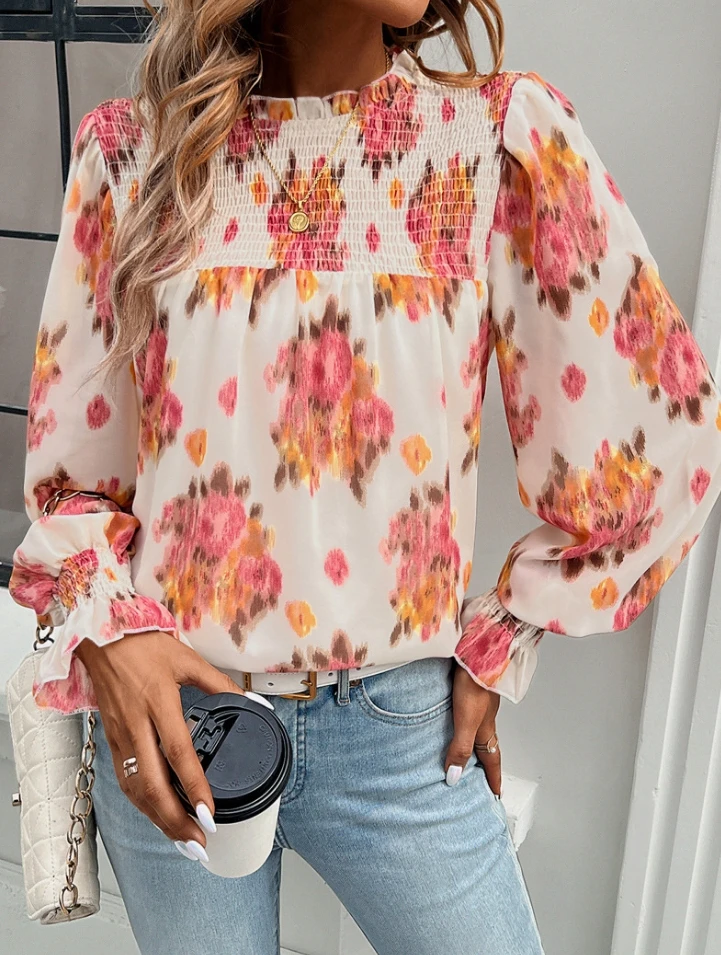 

Zhengzhou Southeast Girls 2024 In Stock New Printed Elegant Round Neck Long Sleeved Casual Shirt Double-Layer T-Shirt Hot Item