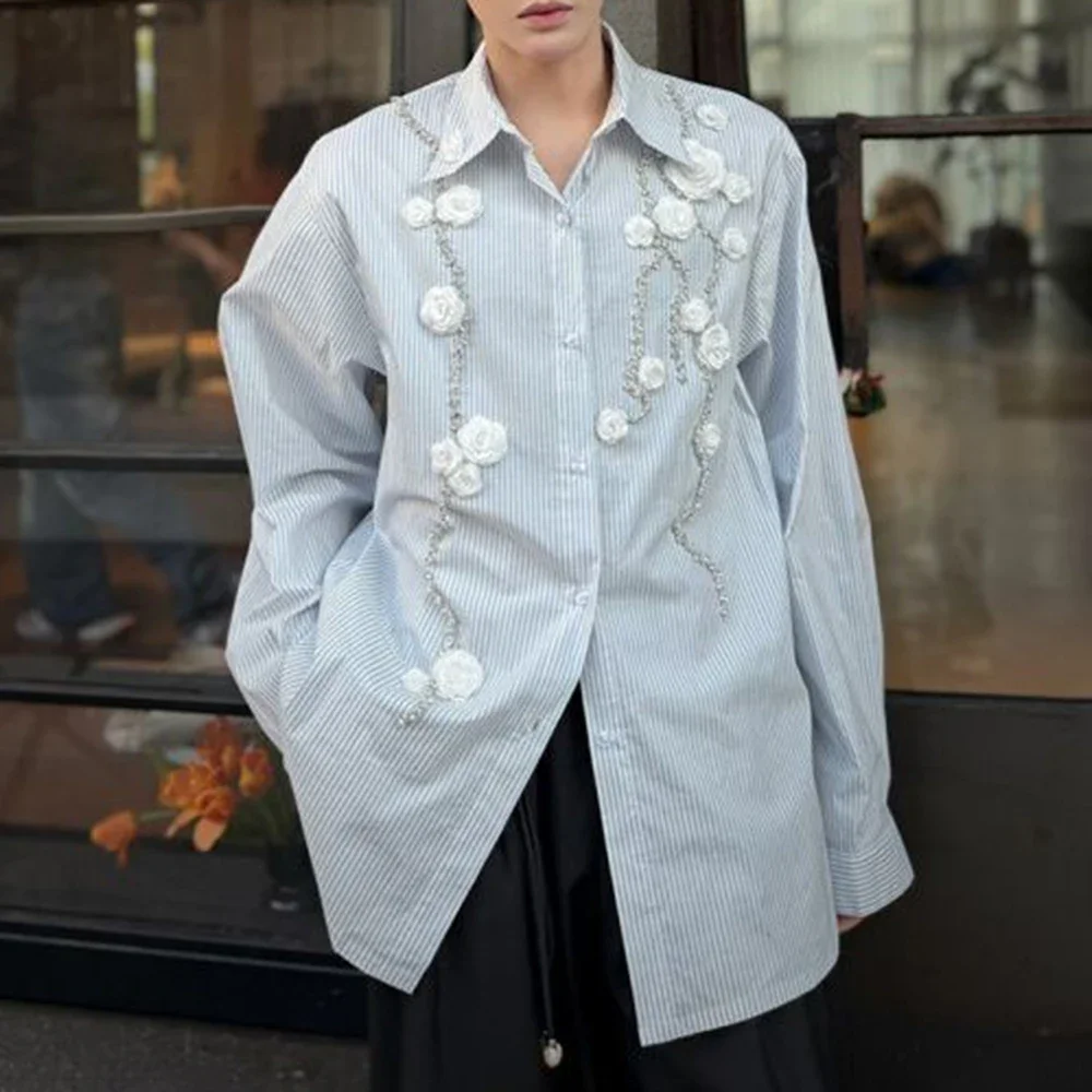

3D Flower Decoration Aesthetic Oversize Shirts Women Cardigan Long Sleeve Shirts Blue Striped Applique Casual Camisas De Mujer