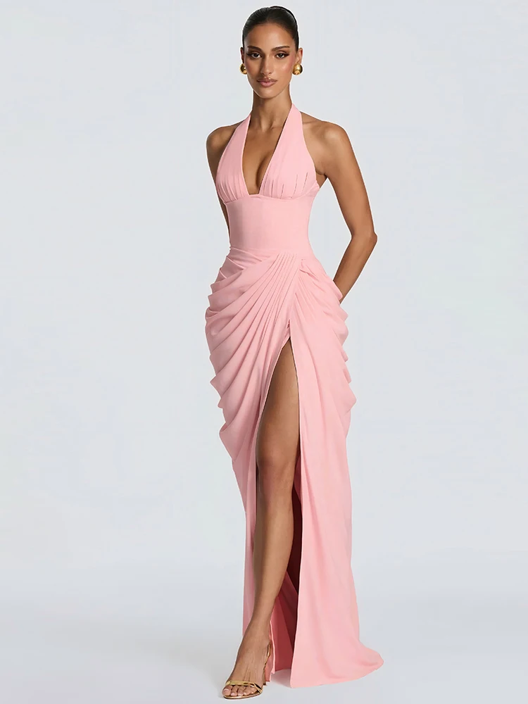 Nibber Elegantes Rückenfreies Kleid für Bankette und Partys, Sexy Mode mit Neckholder, Tiefem V-Ausschnitt, Gerafftem Patchwork und Hohem Schlitz, Schlichtes Bodycon-Kleid – Detail 13