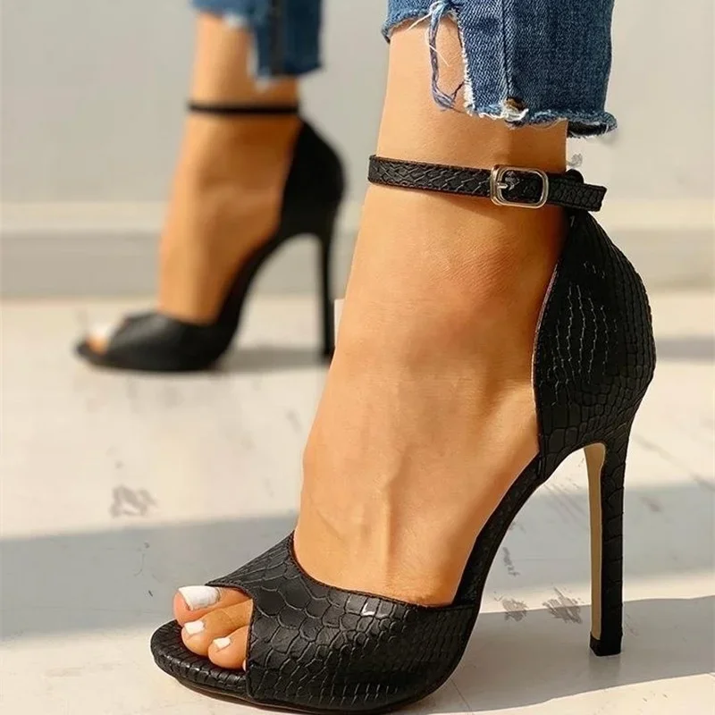 

Ladies High Heels Sexy Dress Wedding Shoes Women's Ankle Strap Peep Toe High Heel Sandals White Buckle Snake Pattern Woman Pumps