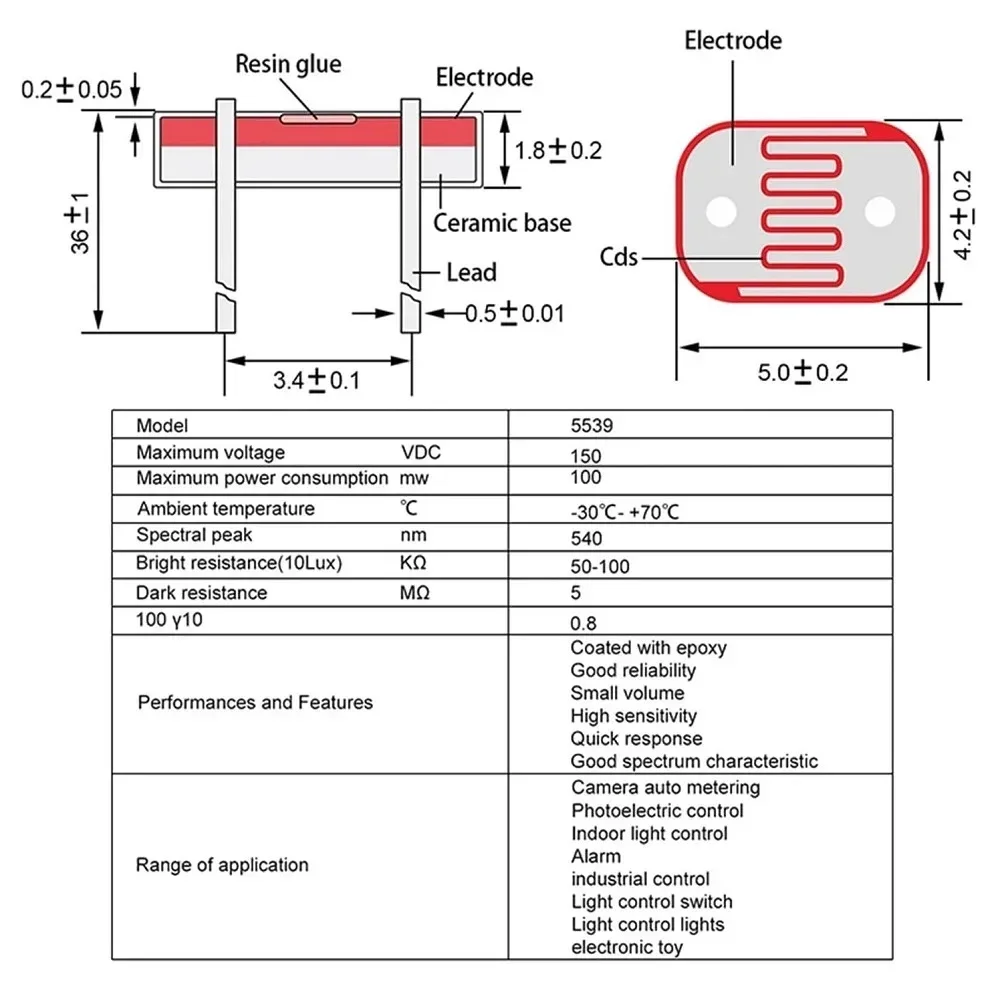 10pcs Light Dependent Resistor Photoresistor LDR 5MM GL5506 5516 5528 5537 5539 5547 5549 Photoconductive Resistance Sensor