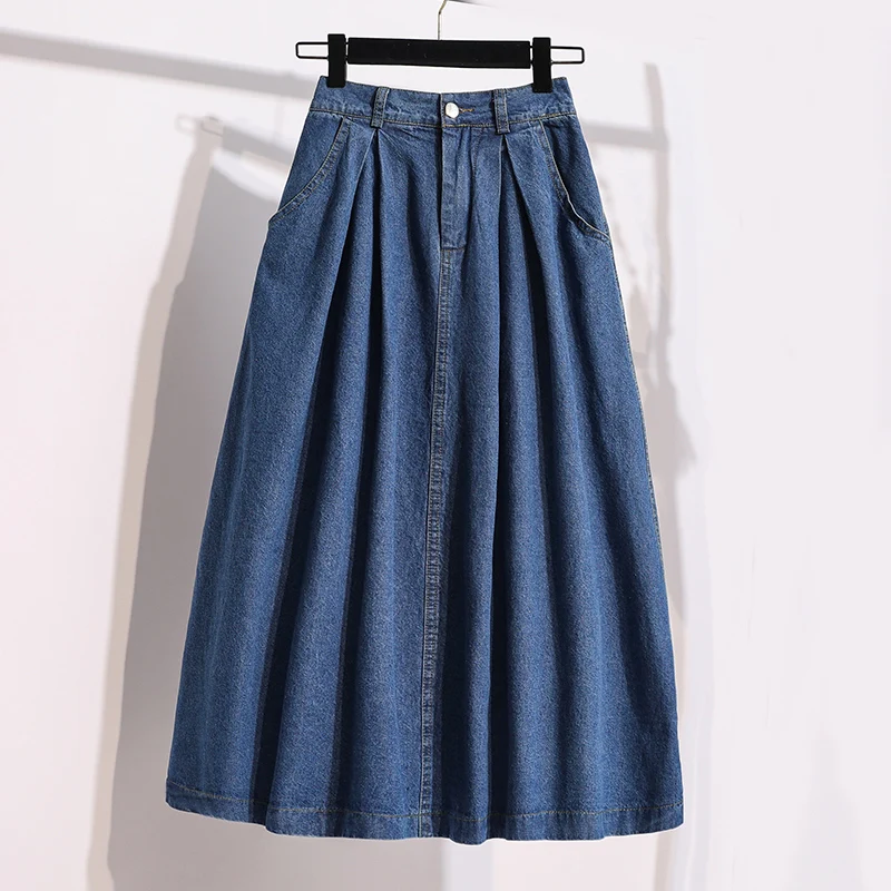 Women\'s Denim Midi Skirt Summer Korean Style Elegant Fashion High Waist Casual Vintage Pleated Skirt Large Size Jeans Skirt