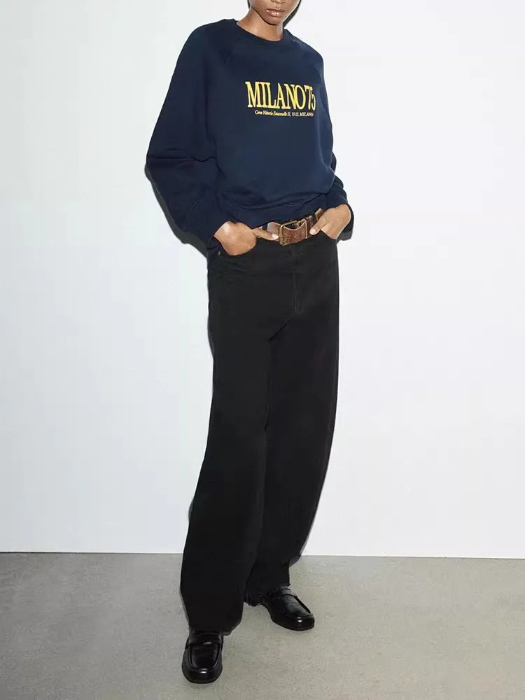 Retro American Campus Sle Loose Fit Long Sve round Ne Printed Letter Women's Sweatirt Streetwear Casual Cotton Hoodie