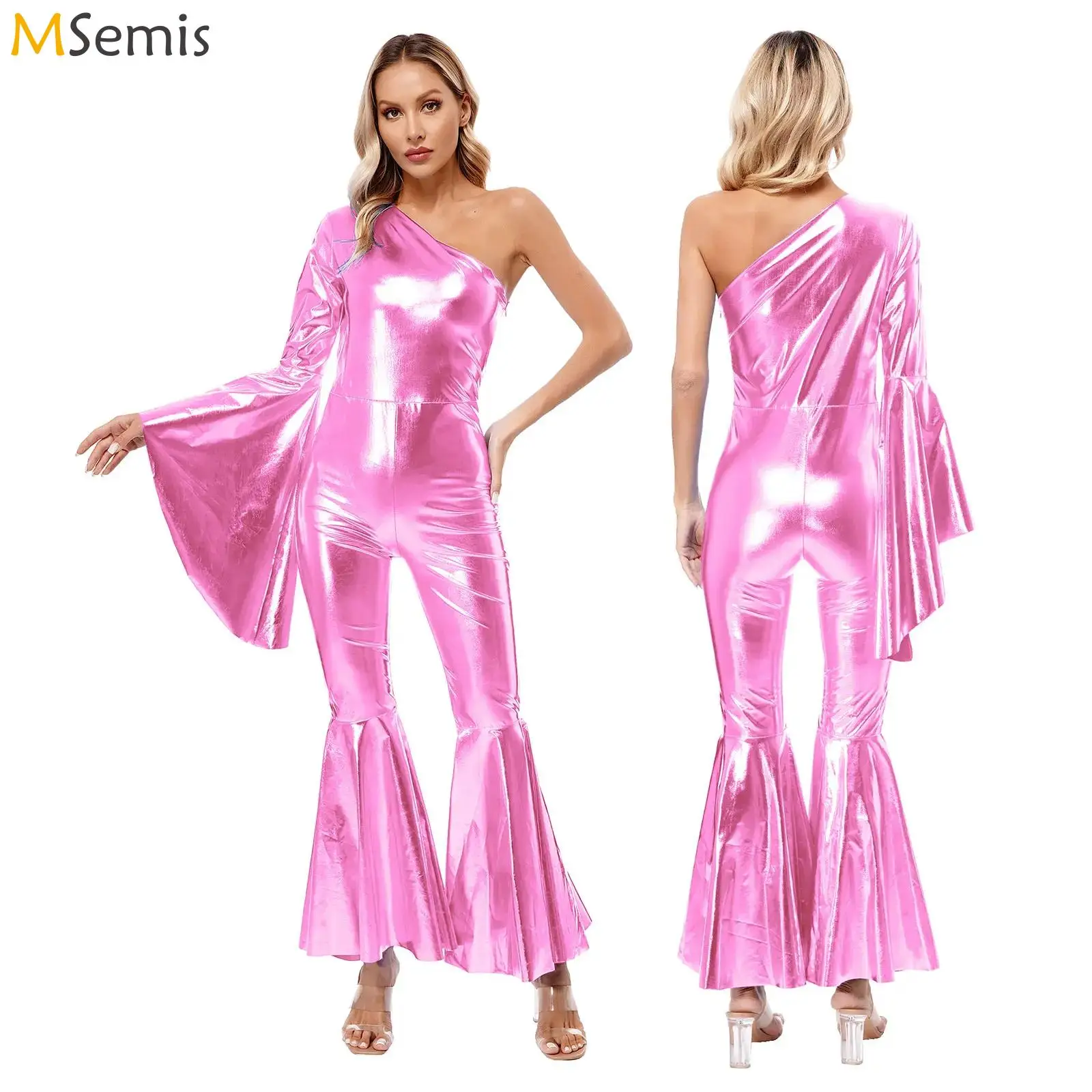 Women Ballet Jazz Street Dance Performance Costume Shiny Metallic Full Bodysuit One Shoulder Sleeve Jumpsuit Bell-Bottom Dresses